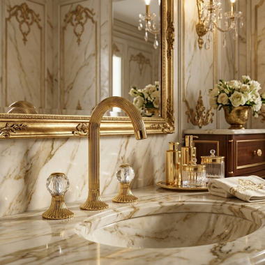 Click here to see   Jorger Cronos Two-Handle Widespread Lavatory Faucet, Crystal Handles, Antique Gold - 637.30.300.025-DS
