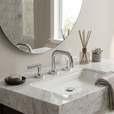 Click here to see   Phylrich Transition Two Handle Widespread Lavatory Faucet w/ Low Spout, 1.2 GPM, Polished Chrome - 120-04-026