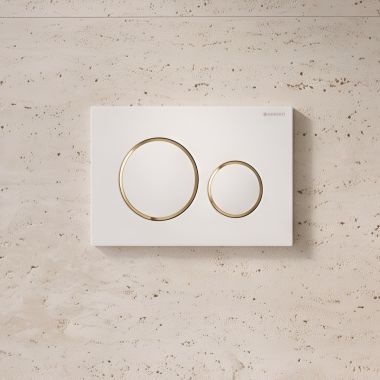 Click here to see   Geberit Sigma20 Plastic Actuator Plate, White w/ Polished Gold Accent - 115.882.KK.1