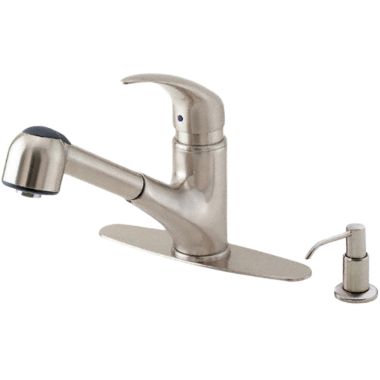 Click here to see Danze D454512SS Danze Melrose Single Handle Pull-Out Kitchen Faucet w/ Soap Dispenser, Stainless Steel - D454512SS