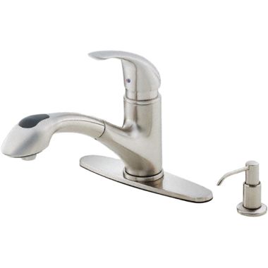 Click here to see Danze D454612SS Danze Melrose Single Handle Pull-Out Kitchen Faucet w/ Soap Dispenser, Stainless Steel - D454612SS