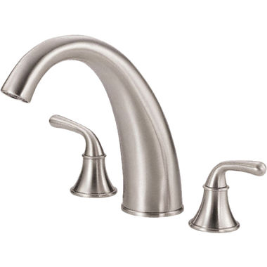 Click here to see Danze D303656BNT Danze Bannockburn Two-Handle Deck-Mount Roman Tub Faucet Trim, 3-Hole, Lever Handles, ADA, Brass Spout, Brushed Nickel - D303656BNT