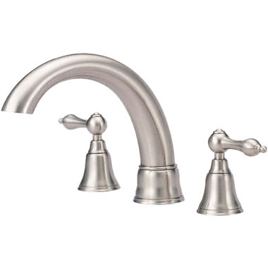Click here to see Danze D308840BNT Danze Fairmont Two-Handle Deck-Mount Roman Tub Faucet Trim, 3-Hole, Lever Handles, Brushed Nickel - D308840BNT