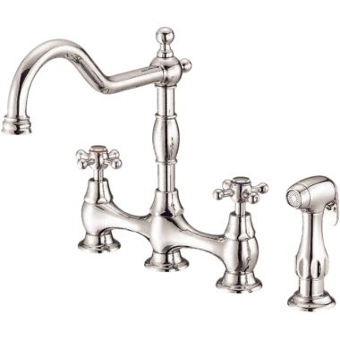 Click here to see Danze D404557PNV Danze Opulence Two Handle Bridge Kitchen Faucet w/ Side Spray, Cross Handles, Polished Nickel - D404557PNV