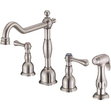 Click here to see Danze D422057SS Danze Opulence Two Handle Widespread Kitchen Faucet w/ Side Spray, Stainless Steel - D422057SS