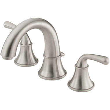 Click here to see Danze D304056BN Danze Bannockburn Widespread Bathroom Faucet with Drain Assembly, Two-Handle, 1.5 GPM, Lever Handle, ADA, WaterSense, Brushed Nickel - D304056BN