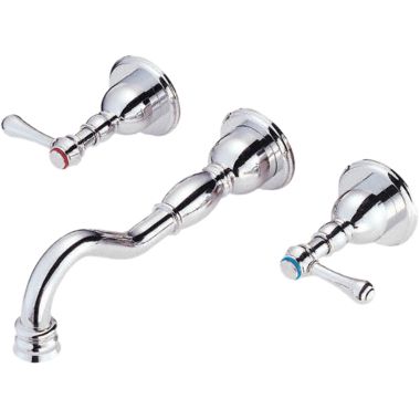 Click here to see Danze D316257 Danze Opulence Wall-Mount Widespread Bathroom Faucet with Touch-Down Drain, Two-Handle, 1.5 GPM, Lever Handle, ADA, WaterSense, Chrome - D316257