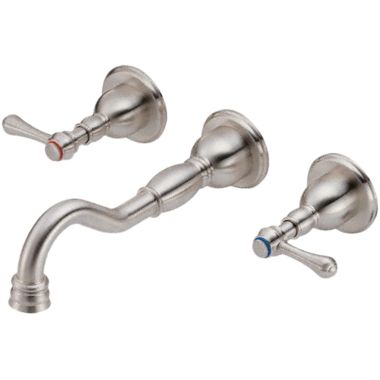 Click here to see Danze D316257BN Danze Opulence Wall-Mount Widespread Bathroom Faucet with Touch-Down Drain, Two-Handle, 1.5 GPM, Lever Handle, ADA, WaterSense, Brushed Nickel - D316257BN