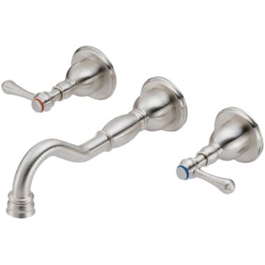 Click here to see Danze D316257PNV Danze Opulence Wall-Mount Widespread Bathroom Faucet with Touch-Down Drain, Two-Handle, 1.5 GPM, Lever Handle, ADA, WaterSense, Polished Nickel - D316257PNV