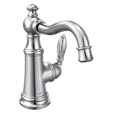 Click here to see Moen S42107 Moen Weymouth Chrome Single-Handle High Arc Bathroom Faucet with Metal Pop-Up, 1.2 GPM, Single-Hole, Lever Handle, WaterSense - S42107