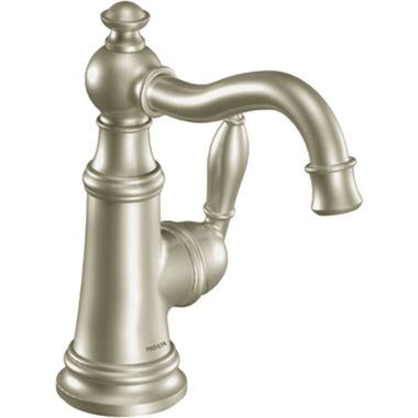 Click here to see Moen S42107BN Moen Weymouth Brushed Nickel Single-Handle High Arc Bathroom Faucet with Metal Pop-Up, 1.2 GPM, Single-Hole, Lever Handle - S42107BN