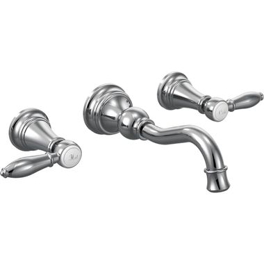 Click here to see Moen TS42106 Moen TS42106 Weymouth Two-Handle Wall-Mount Widespread Bathroom Faucet, Lever Handles, Chrome