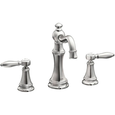 Click here to see Moen TS42108 Moen Weymouth High Arc Widespread Chrome Bathroom Faucet with Lever Handles, Duralock, ADA, WaterSense, 1.2 GPM, Two-Handles - TS42108