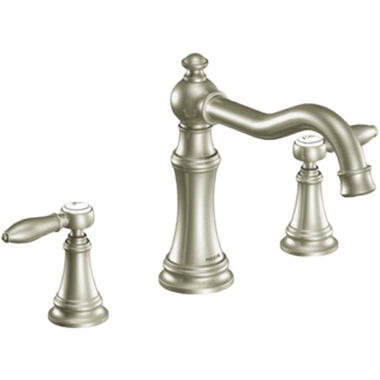 Click here to see Moen TS42108BN Moen Weymouth High Arc Widespread Brushed Nickel Bathroom Faucet with Lever Handles, Duralock, ADA, WaterSense, 1.2 GPM, 60 PSI, Three-Holes - TS42108BN