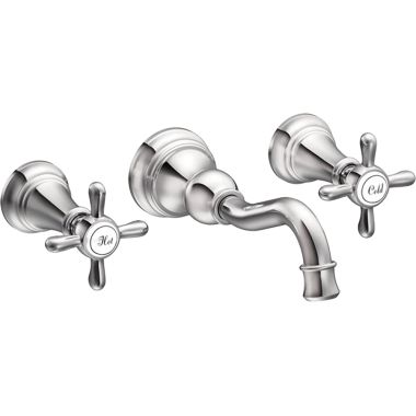 Click here to see Moen TS42112 Moen Weymouth Wall-Mount Widespread Chrome Bathroom Faucet with Cross Handles, 1.2 GPM, 60 PSI, WaterSense, Two-Handles - TS42112