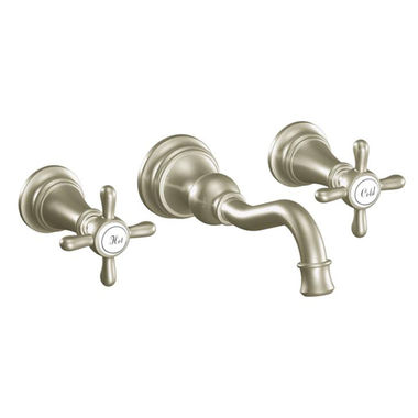 Click here to see Moen TS42112BN Moen Weymouth Two-Handle, Wall-Mount Widespread Brushed Nickel Bathroom Faucet with Cross Handles, 1.2 GPM, 60 PSI, WaterSense, Three-Holes - TS42112BN