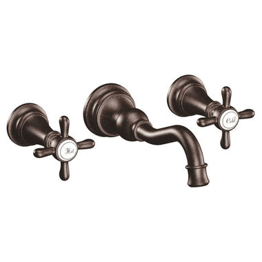 Click here to see Moen TS42112ORB Moen Weymouth Two-Handle, Wall-Mount Widespread Oil Rubbed Bronze Bathroom Faucet with Cross Handles, 1.2 GPM, 60 PSI, WaterSense - TS42112ORB