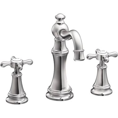 Click here to see Moen TS42114 Moen Weymouth High Arc Widespread Chrome Bathroom Faucet with Cross Handles, Suralock, 1.2 GPM, 60 PSI, WaterSense, Two-Handles - TS42114