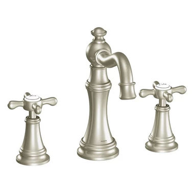 Click here to see Moen TS42114BN Moen Weymouth Two-Handle High Arc Widespread Brushed Nickel Bathroom Faucet with Cross Handles, 1.2 GPM, ADA, WaterSense, 60 PSI, Three-Holes - TS42114BN