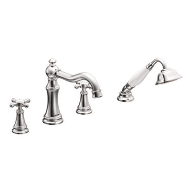 Click here to see Moen TS21102 Moen Weymouth Two-Handle Roman Tub Faucet Trim with Diverter and 1.75 GPM One-Function Hand Shower, Cross Handles, Chrome - TS21102 
