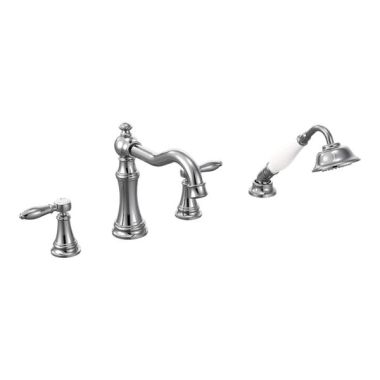 Click here to see Moen TS21104 Moen Weymouth Two-Handle Roman Tub Faucet Trim with Diverter and 1.75 GPM One-Function Hand Shower, Lever Handles, Chrome - TS21104