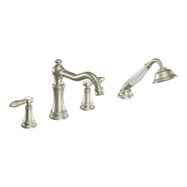 Click here to see Moen TS21104BN Moen Weymouth Two-Handle Roman Tub Faucet Trim with Diverter and 1.75 GPM One-Function Hand Shower, Lever Handles, Brushed Nickel - TS21104BN
