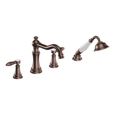 Click here to see Moen TS21104ORB Moen Weymouth Two-Handle Roman Tub Faucet Trim with Diverter and 1.75 GPM One-Function Hand Shower, Lever Handles, Oil Rubbed Bronze - TS21104ORB