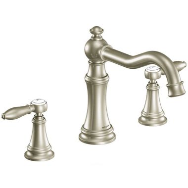 Click here to see Moen TS22103BN Moen Weymouth Two-Handle Roman Tub Faucet Trim, Lever Handles, ADA, M-PACT, Brushed Nickel - TS22103BN