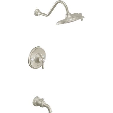 Click here to see Moen TS32104BN Moen Weymouth Posi-Temp Tub/Shower Faucet with 2.5 GPM Rainshower, 2-Function, Single Lever Handle, M-PACT, Immersion, Brushed Nickel - TS32104BN