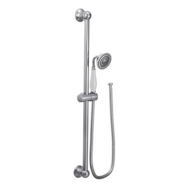 Click here to see Moen S12107EP Moen Weymouth Single-Function Handheld Shower with 30in Slide Bar, Eco-Performance, 1.75 GPM, WaterSense, Chrome - S12107EP
