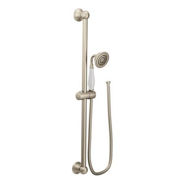 Click here to see Moen S12107EPBN Moen Weymouth Single-Function Handheld Shower with 30in Slide Bar, Eco-Performance, 1.75 GPM, WaterSense, Brushed Nickel - S12107EPBN