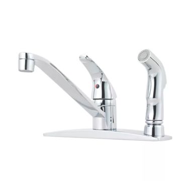 Click here to see Pfister G134-3444 Pfister Pfirst Series Polished Chrome Mid-Arc Swivel Spout One-Handle Kitchen Faucet with Side Spray, 1.8 GPM - G134-3444