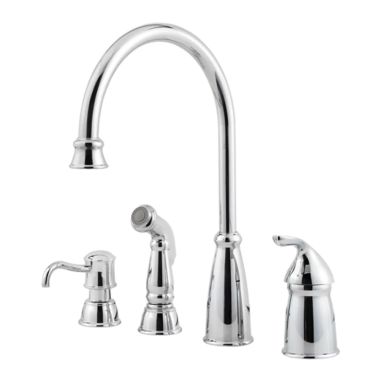 Click here to see Pfister GT26-4CBC Pfister Avalon Polished Chrome Single Handle Kitchen Faucet with Side Spray and Soap Dispenser, 4 Hole, Pforever Seal, 1.8 GPM - GT26-4CBC