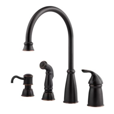 Click here to see Pfister GT26-4CBY Pfister Avalon Tuscan Bronze Single Handle Kitchen Faucet with Side Spray and Soap Dispenser, 4 Hole, Pforever Seal, 1.8 GPM - GT26-4CBY