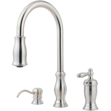 Click here to see Pfister GT526-TMS Pfister Hanover Stainless Steel Single-Handle High-Arc Pull-Down Kitchen Faucet w Soap Dispenser, ADA, Pforever Seal, 1.8 GPM - GT526-TMS