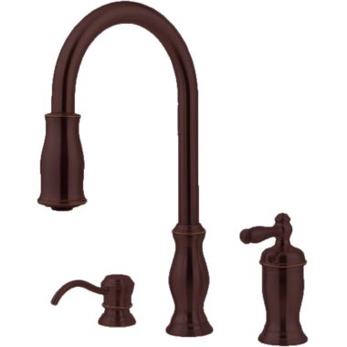 Click here to see Pfister GT526-TMY Pfister Hanover Tuscan Bronze Single-Handle High-Arc Pull-Down Kitchen Faucet w Soap Dispenser, ADA, Pforever Seal, 1.8 GPM - GT526-TMY