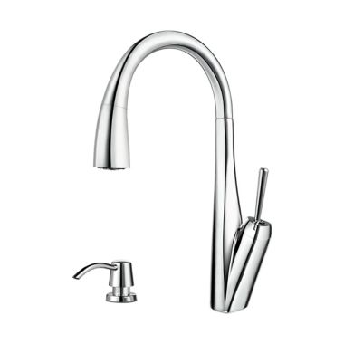 Click here to see Pfister GT529-MDC Pfister Mystique Polished Chrome Single-Handle High-Arc Pull-Down Kitchen Faucet w Soap Dispenser, Pforever Seal, ADA, 1.8 GPM - GT529-MDC