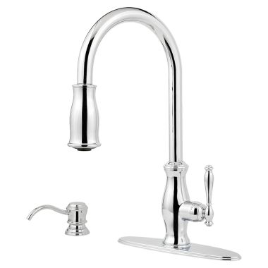 Click here to see Pfister GT529-TMC Pfister Hanover Polished Chrome Single Handle Pull-Down Kitchen Faucet with Soap Dispenser, 1.8 GPM, ADA, Pforever Seal, Pfast Connect - GT529-TMC