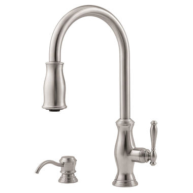 Click here to see Pfister GT529-TMS Pfister Hanover Stainless Steel Single Handle Pull-Down Kitchen Faucet with Soap Dispenser, 1.8 GPM, ADA, Pforever Seal, Pfast Connect - GT529-TMS