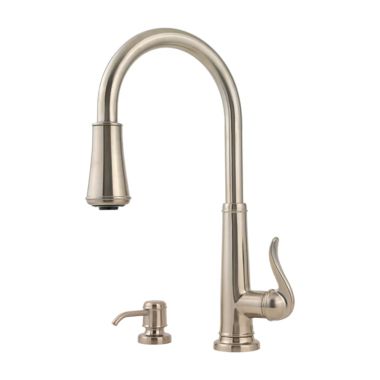 Click here to see Pfister GT529-YPK Pfister Ashfield Brushed Nickel Single-Handle High-Arc Pull-Down Kitchen Faucet w Soap Dispenser, ADA, Pforever Seal, 1.8 GPM - GT529-YPK