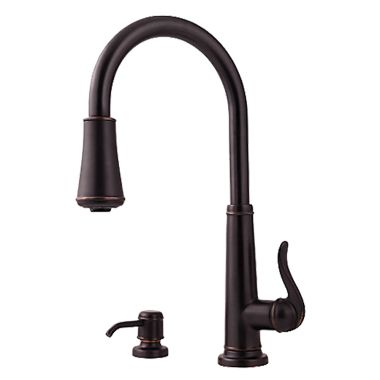 Click here to see Pfister GT529-YPY Pfister Ashfield Tuscan Bronze Single-Handle High-Arc Pull-Down Kitchen Faucet w Soap Dispenser, ADA, Pforever Seal, 1.8 GPM - GT529-YPY