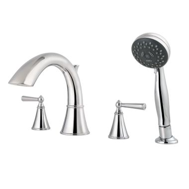 Click here to see Pfister RT6-4GLC Pfister Saxton Two-Handle Roman Tub Faucet Trim with 1.8 GPM 3-Function Hand Shower, Lever Handles, High Arc, Brushed Nickel - RT6-4GLC