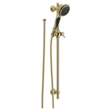 Click here to see Delta 57021-PB Delta Premium 1.75 GPM 3-Setting Slide Bar Handshower with Dual Check Valves, Touch-Clean Nozzles, Polished Brass - 57021-PB