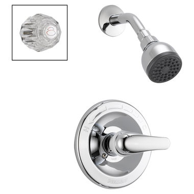 Click here to see Peerless P188710 Peerless Core Single-Setting Touch-Clean Shower Faucet with Acrylic Knob and Metal Lever Combo Handles, Pressure Balance Valve, 1.75 GPM, Polished Chrome - P188710