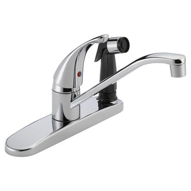 Click here to see Peerless P114LF Peerless Core Single Handle Kitchen Faucet w/ Black Side Spray in Deck Plate, Chrome - P114LF