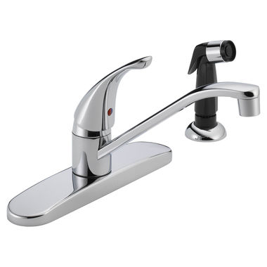 Click here to see Peerless P115LF Peerless Chrome Single Handle Kitchen Faucet with Black Side Spray, ADA, 1.5 GPM - P115LF