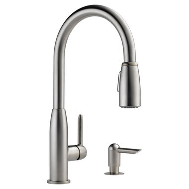 Click here to see Peerless P188103LF-SSSD Peerless Stainless Single Handle Pull-Down Kitchen Faucet with Soap Dispenser, Touch-Clean, ADA, 1.5 GPM - P188103LF-SSSD
