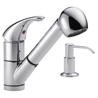 Click here to see Peerless P18550LF-SD Peerless Single Handle Pull-Out Kitchen Faucet w/ Soap Dispenser, Chrome - P18550LF-SD