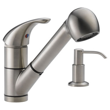 Click here to see Peerless P18550LF-SSSD Peerless Single Handle Pull-Out Kitchen Faucet w/ Soap Dispenser, Stainless Steel - P18550LF-SSSD