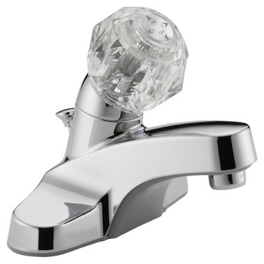 Click here to see Peerless P135LF Peerless Centerset Bathroom Faucet with Plastic Pop-Up Drain, Standard Spout, Single-Handle, 1.2 GPM, Clear Knob Handle, WaterSense, Chrome - P135LF